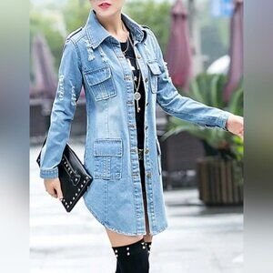 TANMING Women's Casual Lapel Slim Long Sleeve Denim Distressed Jacket